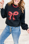 Chic Women's Black Sequin Embroidered Sweater with Ribbon Bow - Trendy Casual Knitwear for Effortless Style