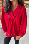 Chic Women's Fiery Red V-Neck Long Sleeve Blouse with Leopard Trim - Perfect for Stylish Casual or Dressy Occasions
