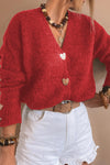 Stylish Women's Fiery Red V-Neck Cardigan Sweater with Heart Metal Buttons - Cozy Knitwear for All Occasions