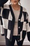 Plus Size Women's Black Checkered V-Neck Cardigan with Button Detail - Stylish and Comfortable Layering Piece
