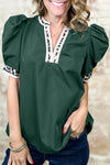 Chic Women's Blackish Green Puff Sleeve Blouse with Leopard Trim & Split Neck - Stylish Top for Any Occasion