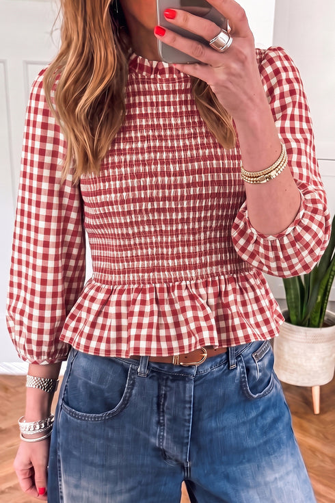 Trendy Women's Red Plaid Peplum Top - 3/4 Sleeve, Shirred Design for Casual Outings and Everyday Comfort