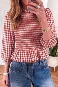Trendy Women's Red Plaid Peplum Top - 3/4 Sleeve, Shirred Design for Casual Outings and Everyday Comfort