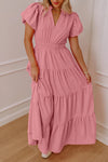 Women's Gossamer Pink V-Neck Tiered Maxi Dress with Short Puff Sleeves and High Waist for Effortless Elegance