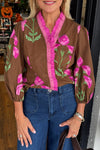 Elegant Women's Brown Floral Blouse with Frilled Neckline & Bracelet Sleeves - Stylish Casual Top for Spring Fashion