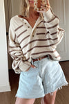 Women's Loose Fit Khaki Stripe Henley Sweater with Exposed Seams & Patchwork Drop Shoulders for Effortless Style