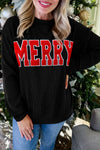 Women's Relaxed Fit Black Twisted Rib Long Sleeve Top with Merry Graphic - Trendy Holiday Apparel for Festive Looks