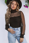 Chic Women's Black Sheer Velvet Bodysuit with Dot Texture and Long Sleeves for Stylish Evening Outfits