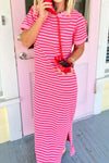 Elegant Women's Rose Stripe Midi Dress - Flattering Fit, Stylish Floral Design, Ideal for Spring & Summer Events