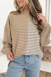 Women's Relaxed Fit Khaki Stripe Color Block Long Sleeve Tee - Casual Drop Shoulder Top for Effortless Style