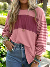 Peach Blossom Striped Bishop Sleeve Patchwork Top with Color Block