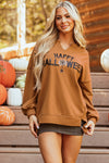 Women's Festive Chestnut Sequin Graphic Long Sleeve Top with Notched Neck - Relaxed Fit for Halloween Celebrations