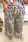 Plus Size Women's Khaki Leopard Print Wide Leg Pants with Drawstring Pockets & Exposed Seams for Chic Comfort