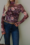 Chic Brown Floral Mesh High Neck Top for Women - Elegant Ruched Style for Effortless Fashion