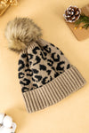 Stylish Women's Light Beige Leopard Knit Beanie with Faux Fur Pompom for Cozy Winter Fashion