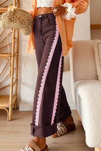 Stylish Women's Casual Full-Length Jeans with Coffee Lace Trim - Comfortable Regular Fit for Everyday Chic Looks