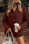 Stylish Women's Red Ribbed Knit Shacket with Button Front & Flap Pockets for Casual, Effortless Chic Look