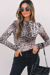 Trendy Women's Brown Leopard Print Long Sleeve Mesh Bodysuit with Smocked Neck - Perfect for Any Occasion