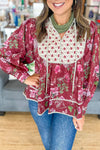 Chic Women's Red Floral Blouse with Contrast Yoke, Striped Trim & Long Puff Sleeves for Effortless Style