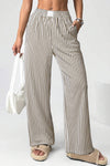 Chic Women's Brown Stripe High Waist Loose Pants with Pockets - Comfortable Everyday Trousers for Effortless Style