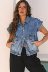Trendy Women's Blue Acid Wash Denim Vest with Elastic Hem & Button Closure - Stylish Casual Layering Essential