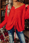 Chic Fiery Red Oversized Knit Sweater for Women with V-Neck and Adjustable Hem for Effortless Style