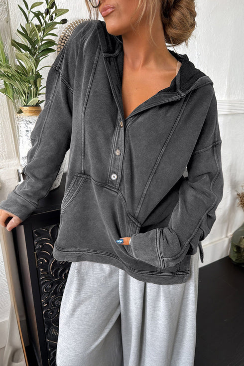 Women's Stylish Blue Mineral Wash Baggy Hooded Sweatshirt with Seam Detail - Cozy Half Button Pullover for Casual Wear