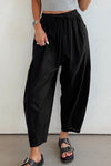 Women's Comfortable Black Casual Barrel Leg Pants with Drawstring Waist and Patch Pockets for Everyday Style