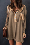 Women's Cozy Brown Waffle Knit Button-Up Long Sleeve Top - Perfect for Casual Everyday Style and Comfort