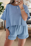 Sky Blue Women's Casual 2-Piece Short Set with Textured Patchwork & Raw Edge for Effortless Summer Chic
