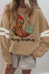 Cozy Women's Beige Merry Christmas Varsity Sweatshirt - Stylish Printed Design & Relaxed Western Fit