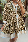 Plus Size Women's Khaki Leopard Print Flared Mini Dress with Striped Trim and V-Neck Button Down for Stylish Comfort