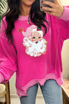 Women's Strawberry Pink Long Sleeve Graphic Top with Twisted Ribbed Color Block and Festive Santa Patch