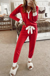 Women's Fiery Red V-Neck Button Top & Bow Knot Lounge Pants Set - Stylish 2-Piece Comfortable Outfit for Casual Wear