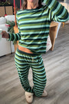 Women's Green Stripe Long Sleeve Pajama Set with Contrast Trim and Loose Fit Pants for Cozy Sleepwear