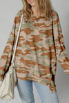 Trendy Women's Brown Retro Camouflage Sweatshirt with Drop Shoulders, Exposed Seams, and Stylish Patchwork Design