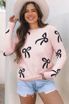 Cozy Light Pink Bow Pattern Knit Sweater for Women - Relaxed Fit Casual Top for Effortless Everyday Style