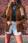 Chic Women's Chestnut Leopard Print Shacket with Textured Contrast and Flap Pockets for Trendy Casual Wear