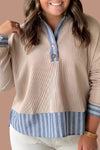 Plus Size Women's Stylish Long Sleeve Waffle Stripe Patchwork Shirt in Parchment - Comfortable and Trendy Fit