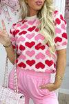 Pink Two-Tone Heart Print Women's Crew Neck Sweater - Cute Casual Short Sleeve Top for Valentine's Day Style