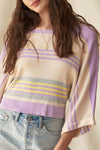 Cozy Purple Striped Dolman Sleeve Sweater for Women - Rib Knit, Cuffed Design for Effortless Style and Comfort