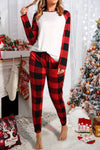 Cozy Red Plaid Lounge Set with Raglan Sleeves and Drawstring Pants