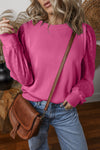 Cozy Women's Bright Pink Textured Patchwork Sweatshirt with Round Neck - Perfect for Casual Everyday Style