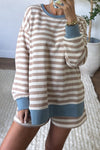 Women's Khaki Stripe Color Block Oversized Pullover & Drawstring Shorts Set - Casual Chic 2-Piece Outfit