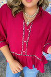 Trendy Plus Size Women's Racing Red Shirt with Collar, Button Front, Leopard Trim, and Ruffle Hem for Chic Style