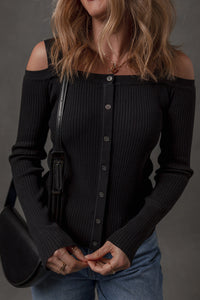 Black Ribbed Knit Cold Shoulder Button Front Sweater