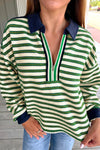 Trendy Women's Dark Green Striped Zip V-Neck Long Sleeve Top with Contrast Collar for Effortless Everyday Style