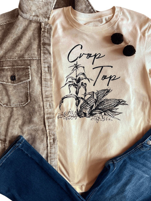Corn Plant Graphic Khaki Crop Top Tee