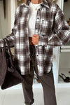 Women's Cozy Dark Brown Plaid Boyfriend Shacket with Chest Pocket - Stylish Flannel Overshirt for Effortless Casual Wear