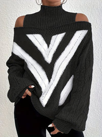 Plus Size Geometric Print Cold Shoulder Turtle Neck Sweater
